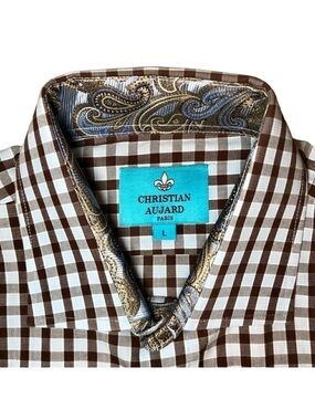 Christian Aujard Paris Check/Paisley Dress Shirt in Brown/White/Blue Men’s Large